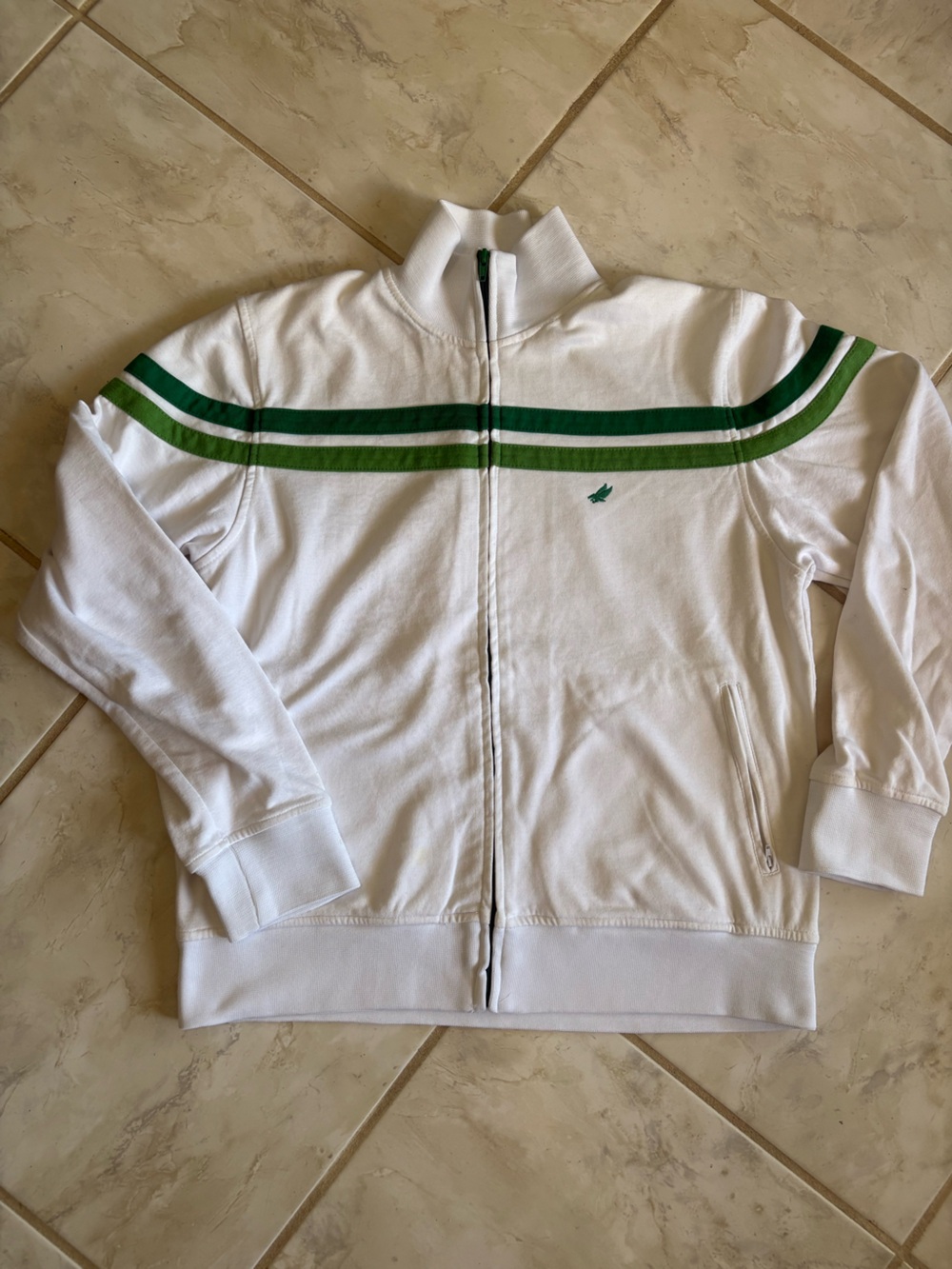 Y2K White Zip-Up Jacket with Green Stripes